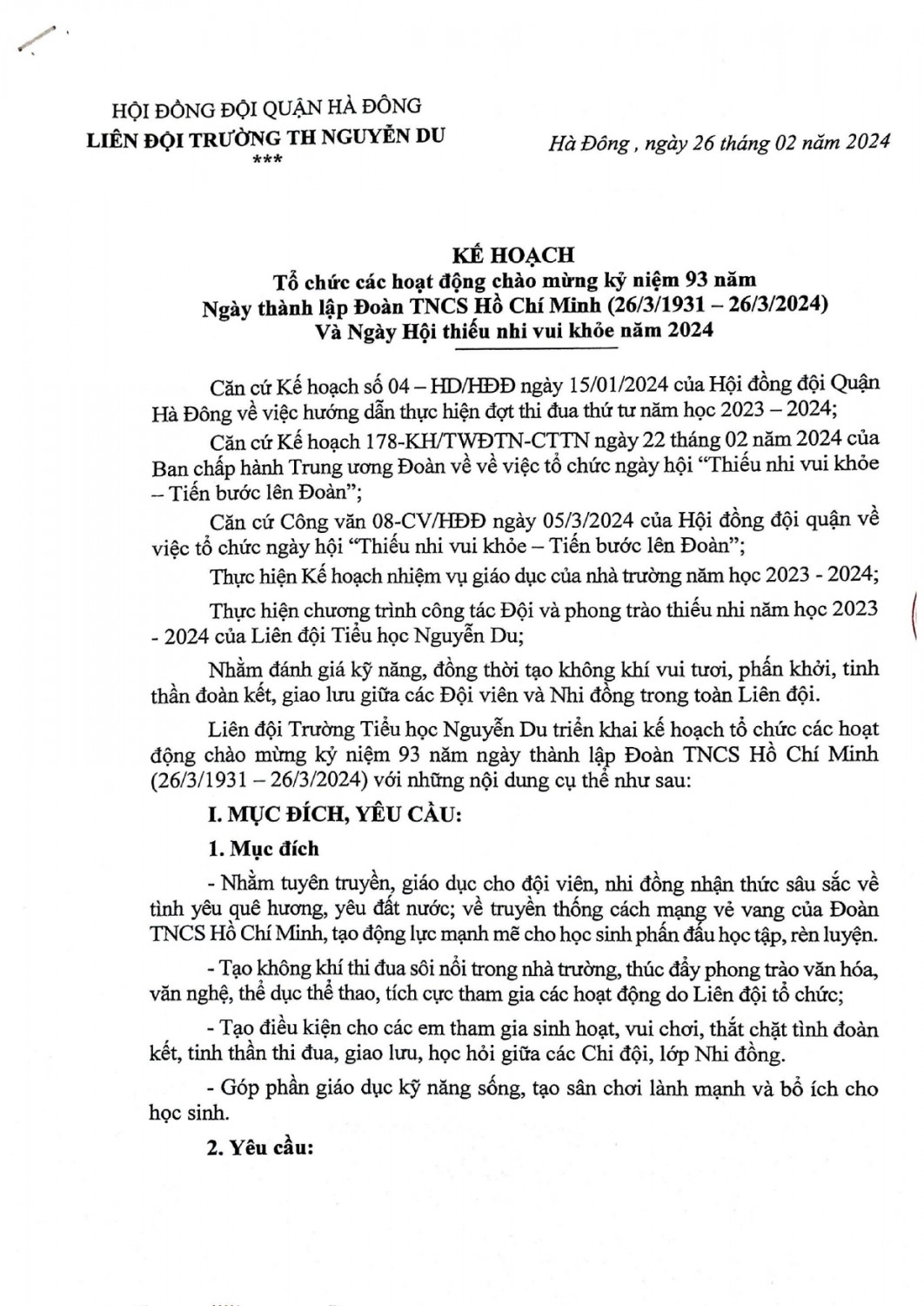 Kế hoạch tổ chức các hoạt động chào mừng kỷ niệm 93 năm ngày thành lập Đoàn TNCS Hồ Chí Minh (26/3/1931 - 26/3/2024) và Ngày Hội thiếu nhi vui khỏe năm 2024